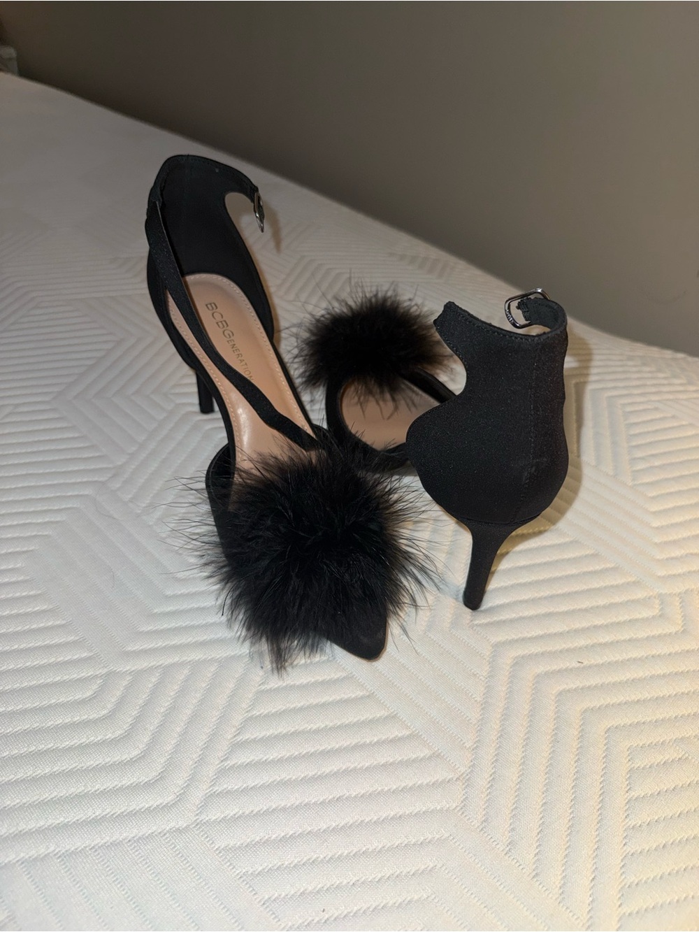 BCBGeneration Black Pom-Pom Ankle-Strap Pointed-Toe Heels